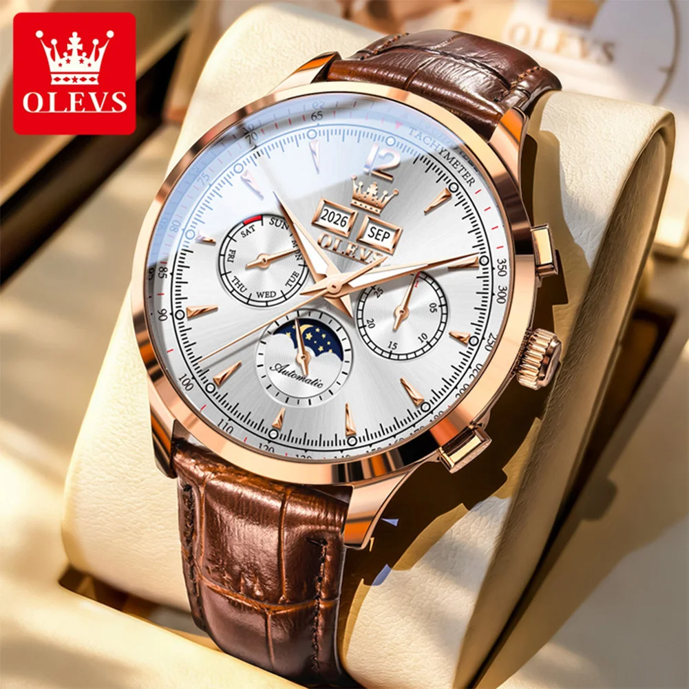 OLEVS Brand New Fashion Moon Phase Original Mechanical Watch Men Leather Strap Waterproof Week Calendar Automatic Watches Mens