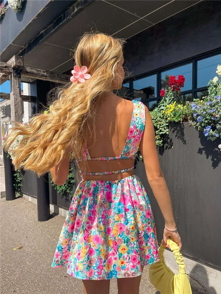 Abito corto senza schienale con stampa floreale con scollo a V estivo da donna Sexy Harajuku E-Girls anni '90 Streetwear Vintage Cami Sundress