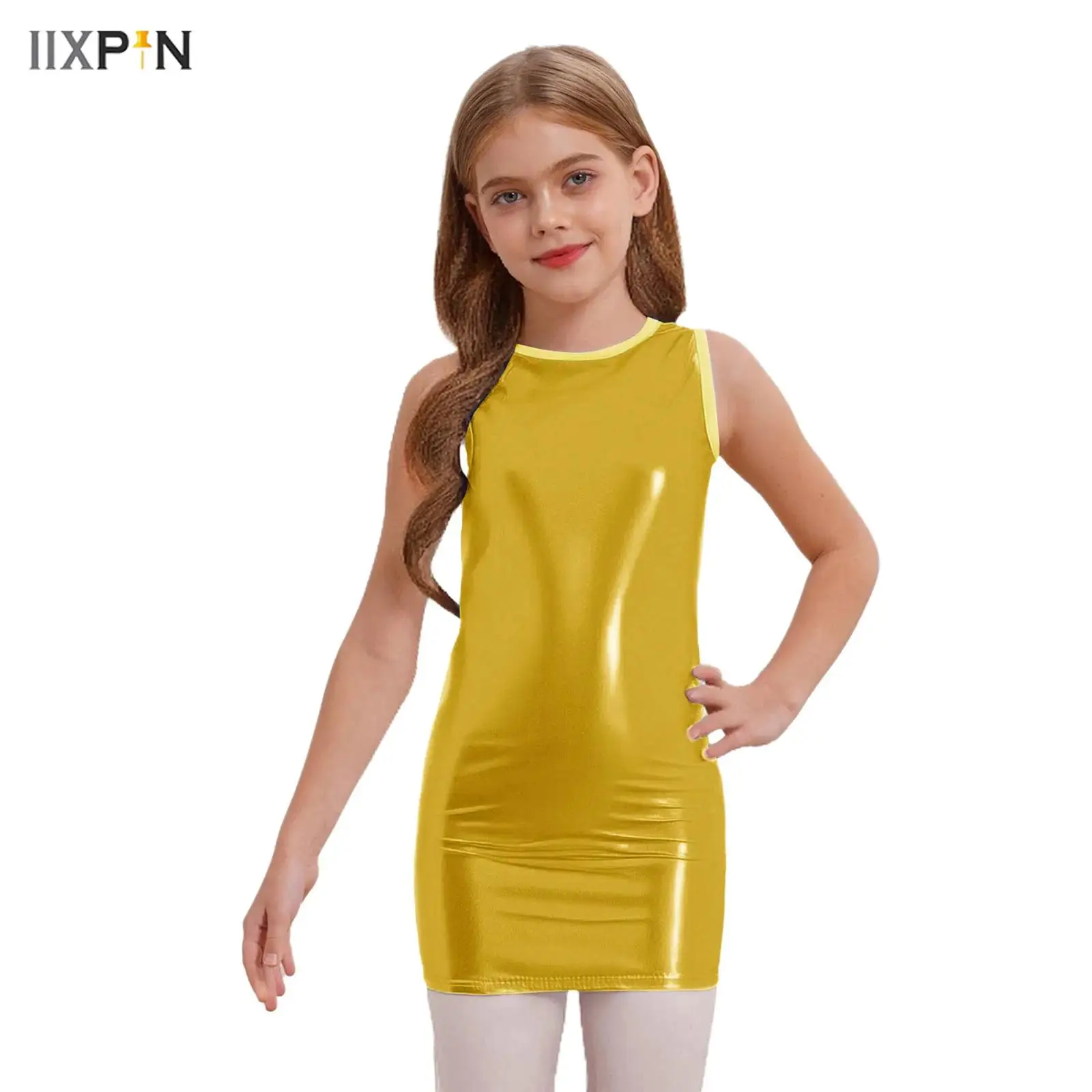 

Kids Girls Metallic Mini Dots Jazz Dance Dress Round Neck Sleeveless Tank Dress Cheerleading Uniform Dress Performance Costume