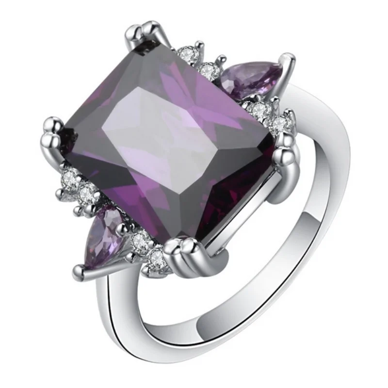 2023 Trendy  Color Amethyst Rings for Women Large Square Purple Crystal Cubic Zircon Rhinestone Ring Fashion Party Jewelry