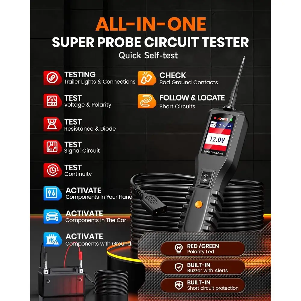 Automotive Power Circuit Probe, 12-24 VDC Car Electrical System Diagnostic Test Tool, AC/DC Continuity Load Circuit Tester, Digi