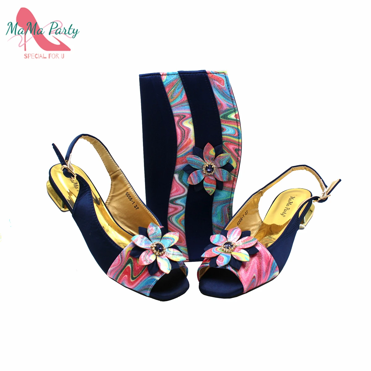 

2022 Newest Fashion Dark Blue Peep Toe Shoes and Bag Set Decorated With Crystal Flower Sandal For Wedding Ladies Party