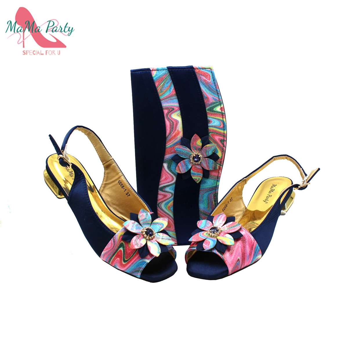 2022 Newest Fashion Dark Blue Peep Toe Shoes and Bag Set Decorated With Crystal  Flower Sandal For Wedding Ladies Party