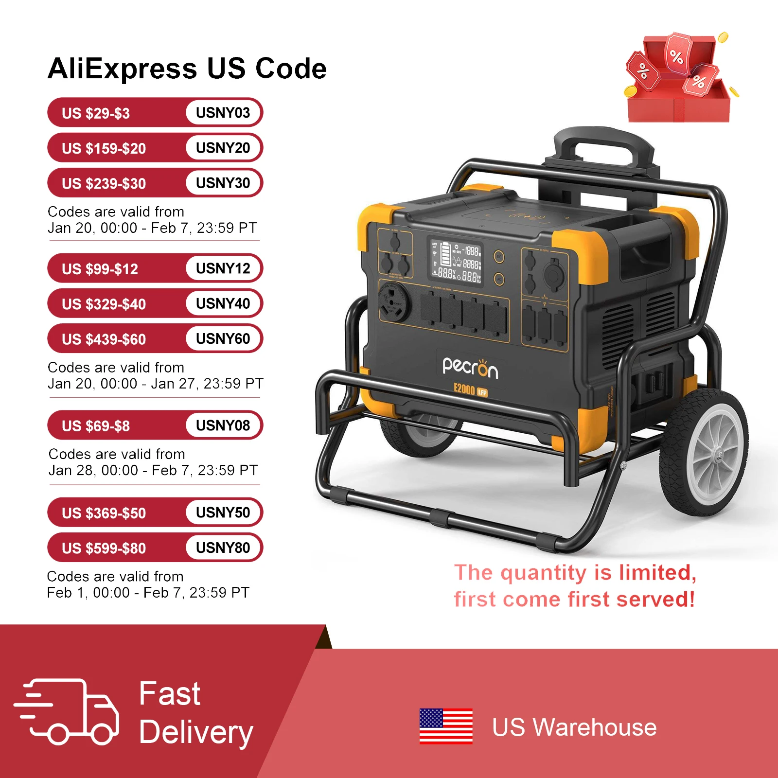 pecron Portable Power Station E2000LFP with Trolley 2000W 1920Wh LiFePO4 Battery Backup 5X2000W AC Outlets Expandable to 8064Wh