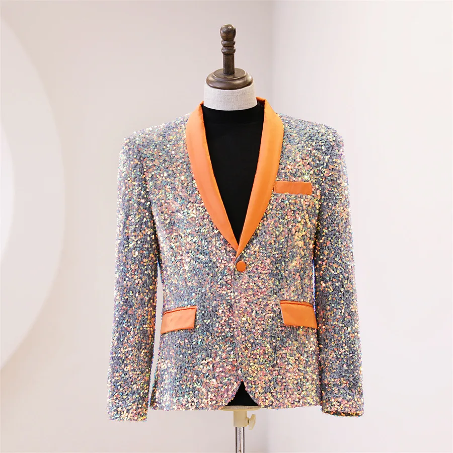 

New Men's Multi-color Sequins Blazer Wedding Banquet Host Sequined Suit Coats Tuxedo Single Button Shawl Lapel Slim Outerwear