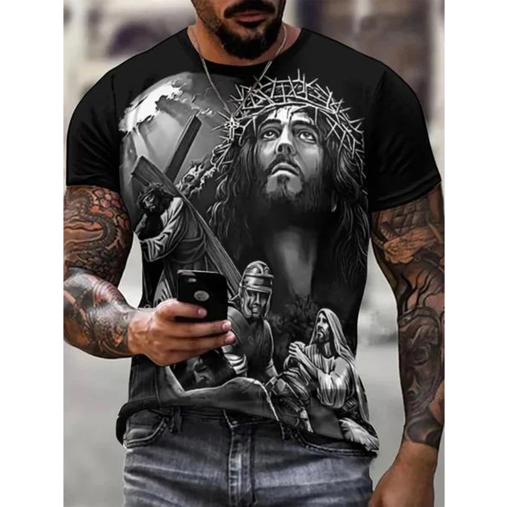 Summer Men T-shirt Jesus Christ 3d Vintage Print Tops Casual Short Sleeve Cool T Shirt Crusader Tee Streetwear Oversized Clothes