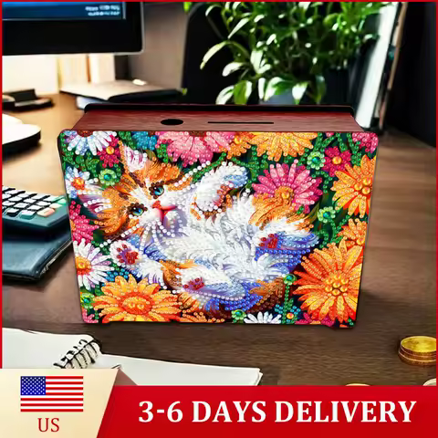 Creative 5D DIY Diamond Painting Money Saving Box Desktop Diamond Art Kits Wooden Coin Bank Storage Box for Home Decor and Gift