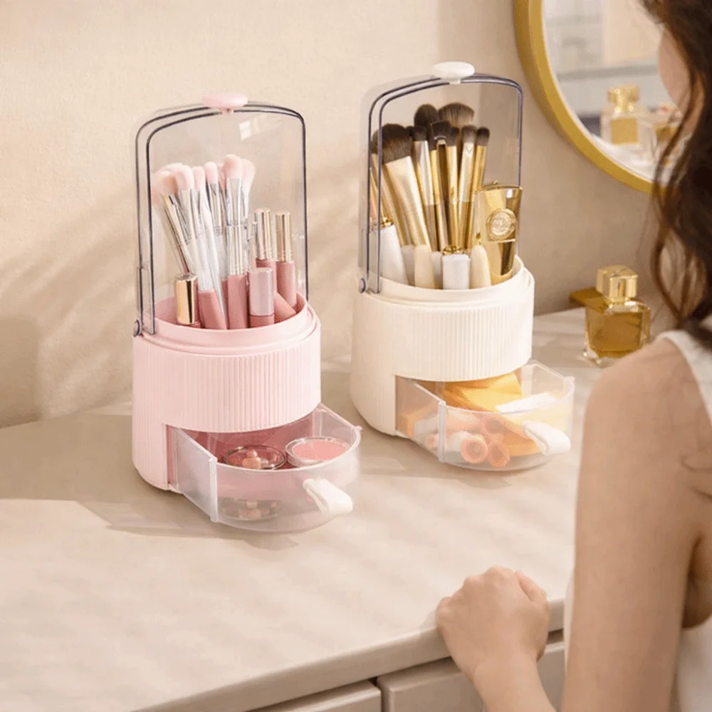 

Пластик 360 ° Вращающийся органайзер для косметики большой емкости, пылезащитный, для помады и карандашей для бровей, круглый, с выдвижным ящиком