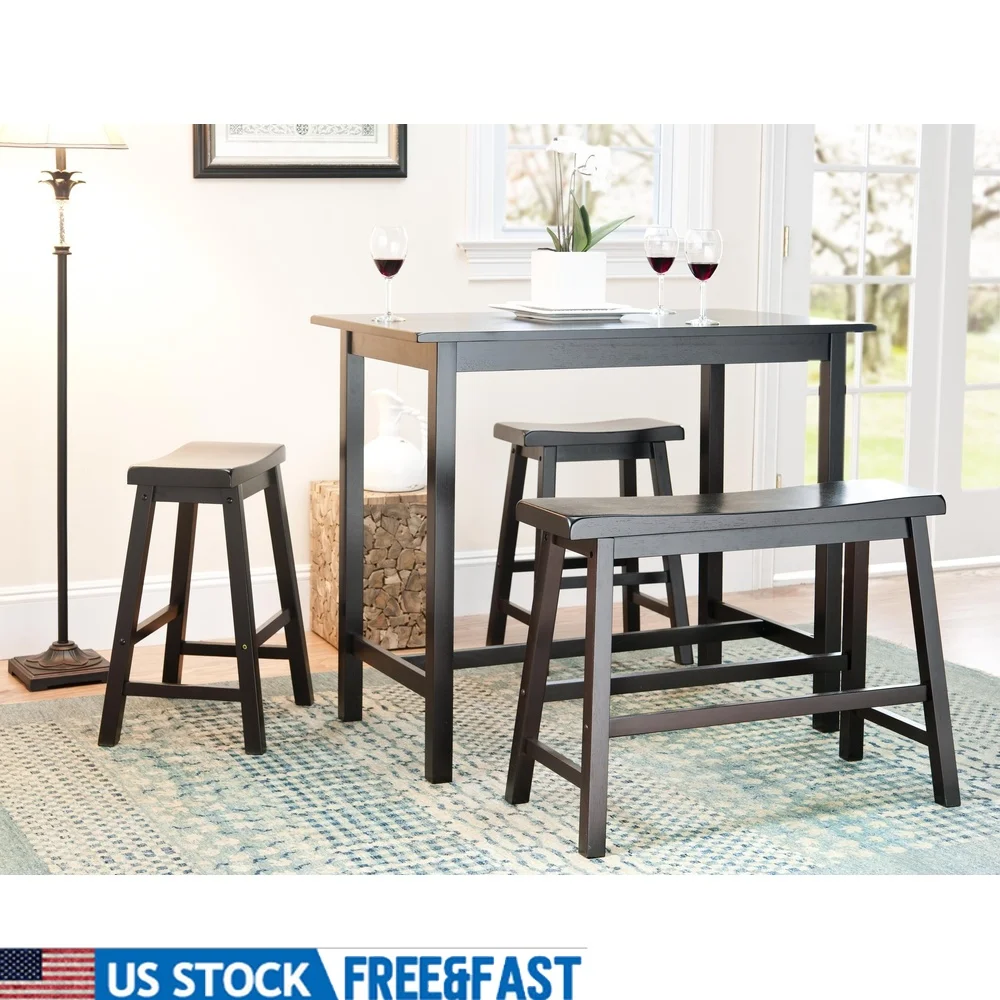 Contemporary 4 Piece Pub Table Set with Stools and Bench Durable Malaysian Oak Indoor Dining Furniture Black Finish