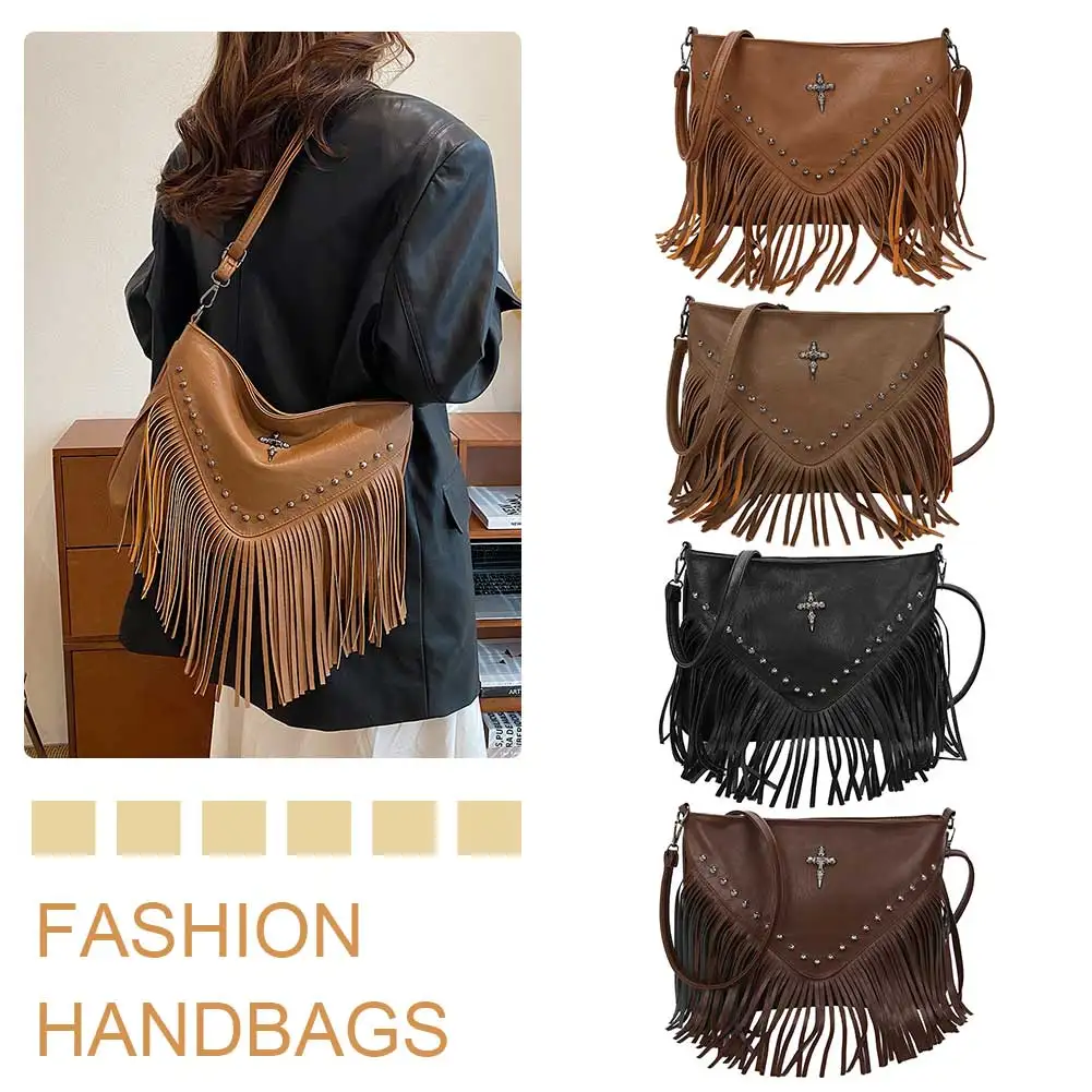 

Women PU Studded Tassel Shoulder Bag Adjustable Strap Fashionable Crossbody Bag Rivet Fringe Tassel Bag for Outdoor Travel