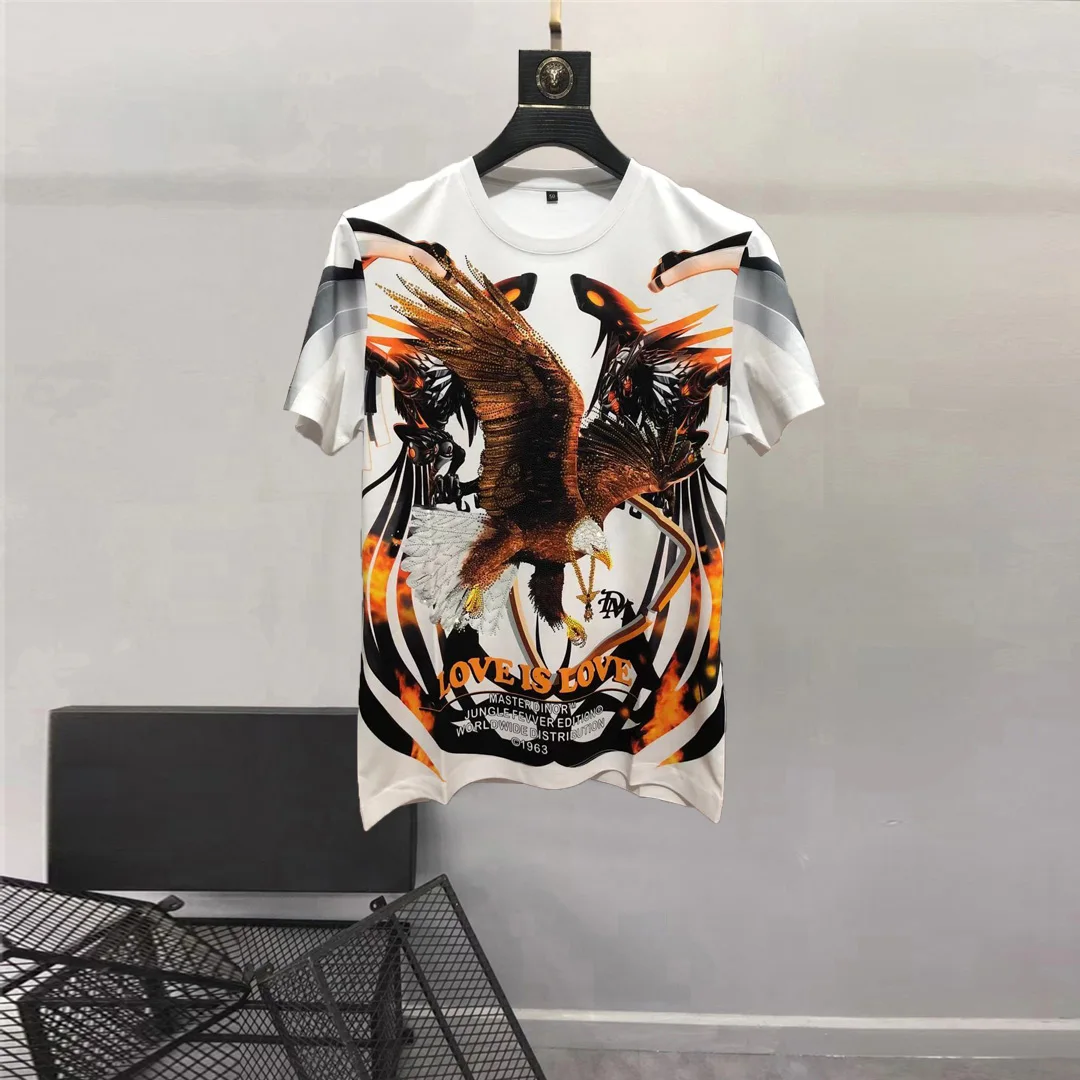 European and American men's wear summer 2022 new Short sleeve round collar imperial eagle hot diamond print Fashion T-shirt