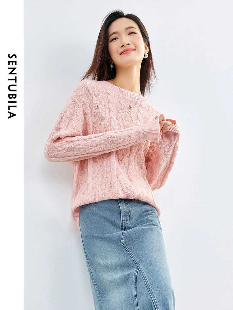 SENTUBILA Jacquard Pink Knitted Sweater Round Neck High Strecth Loose Knit Pullovers 2024 Spring Soft Female Knitwear W41E53437