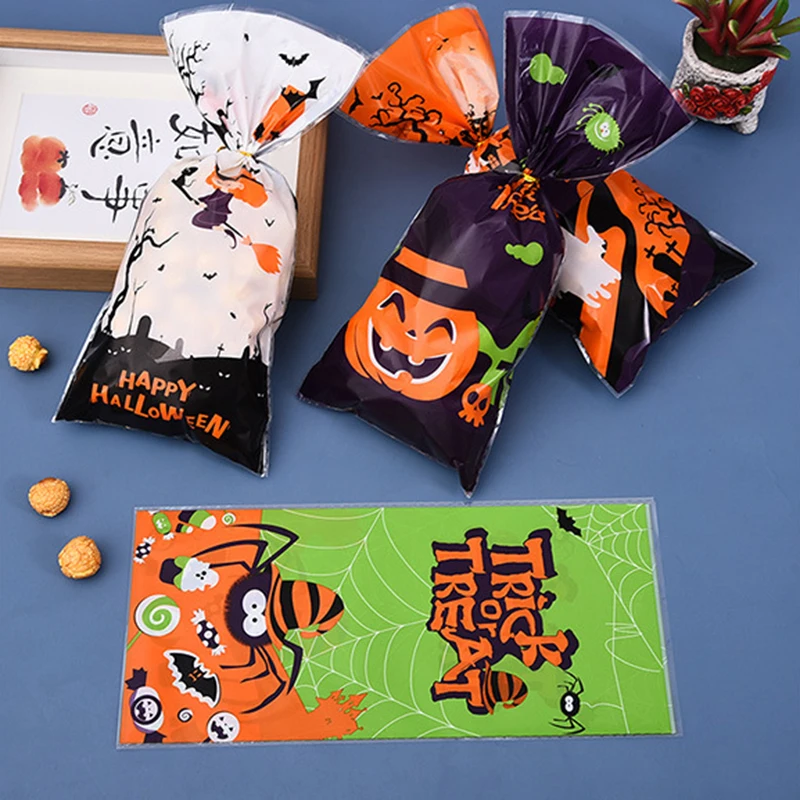 50szt Halloween Celofan Treat Bags Spider Web Pattern Candy Cookie Bags Pumpkin Gift Snacks Favor Bag for Halloween Decor