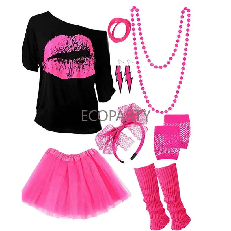 T Shirts Earring Tutu Skirt Gloves Beads Leg Warmer Hen Party Costumes Set Neon 80s Fancy Dress Halloween Costumes for Women