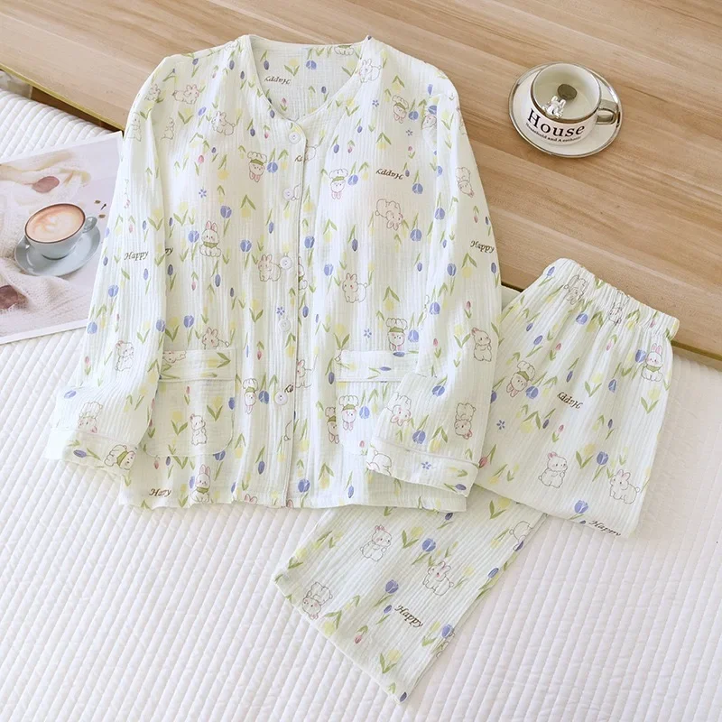 

Flower animals Print Pyjama 100% Cotton Long Sleeve Set 2Pcs round neck Sleepwear Button Down Women's Pajamas Nightwear