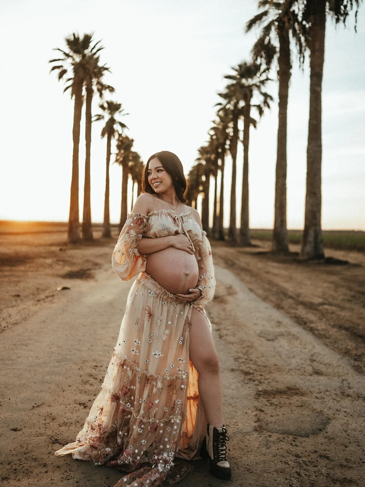 

Maternity Dress Photoshoot Two Piece Reversible Gown Boho Embroidered Floral Mesh Outfit Pregnancy Maxi Skirt Baby Shower Photo