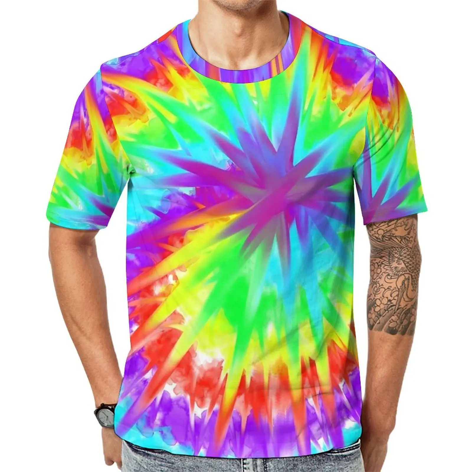 Men Bright Tie Dye T Shirt Colorful Swirl Fashion T Shirts Short-Sleeved Custom Tshirt Wholesale Summer Big Size Top Tees