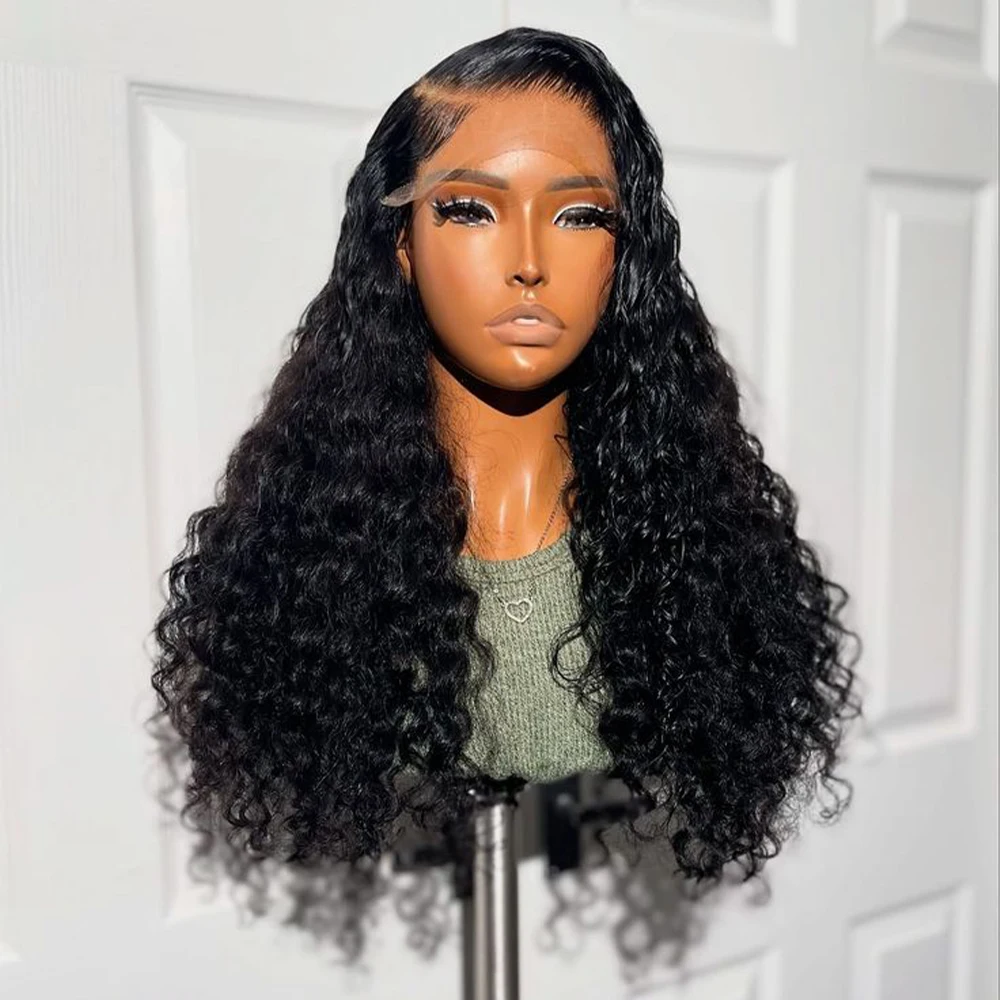 30Inch Natural Black Loose Deep Wave 13x6 Hd Transparent Lace Frontal Wig 200 Density Water Wave Curly Brazilian Human Hair Wigs