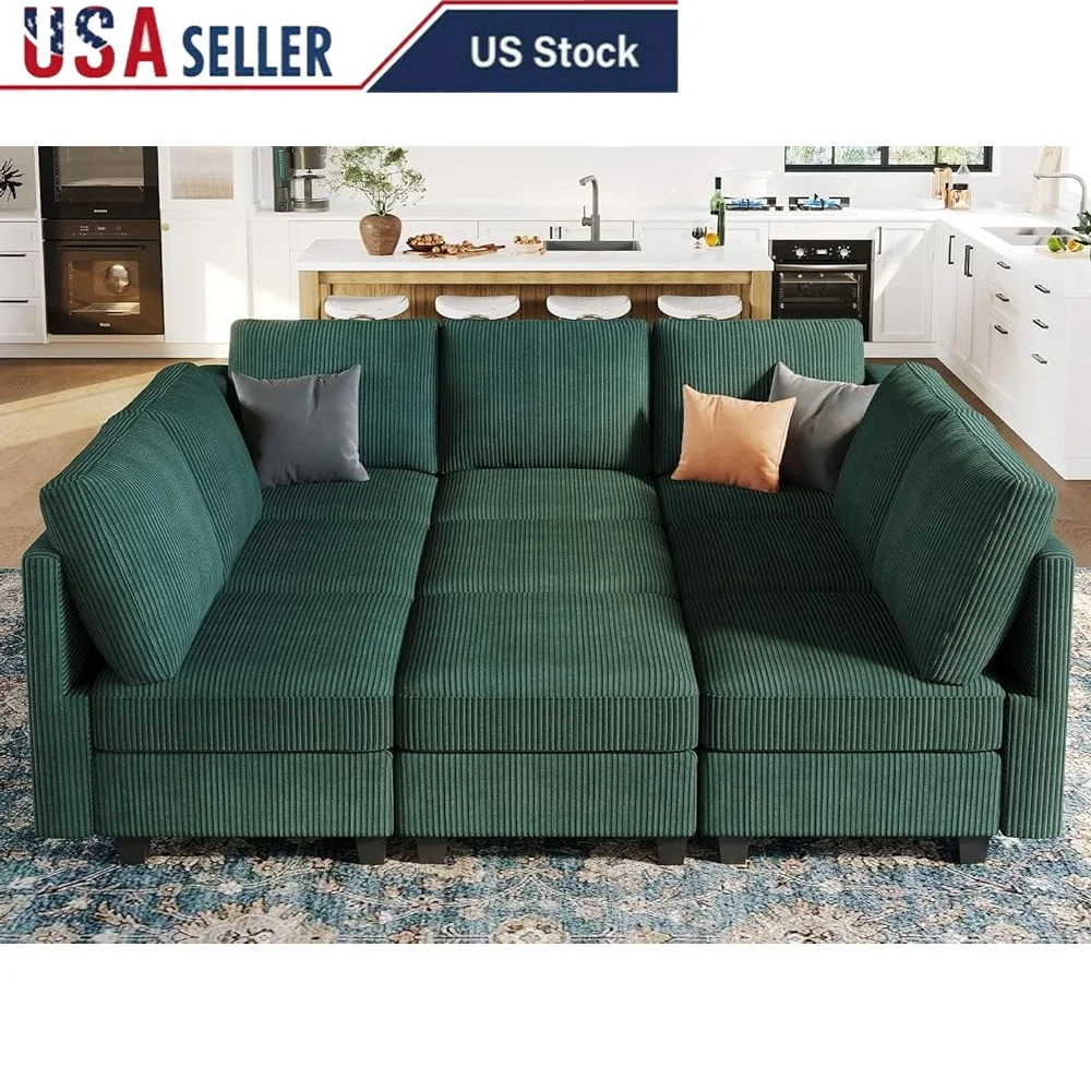 

Corduroy Modular Sectional Sofa 9 Seat Convertible Sleeper Sofa Bed with Storage Ottomans Living Room Couch Easy Assembly Pet
