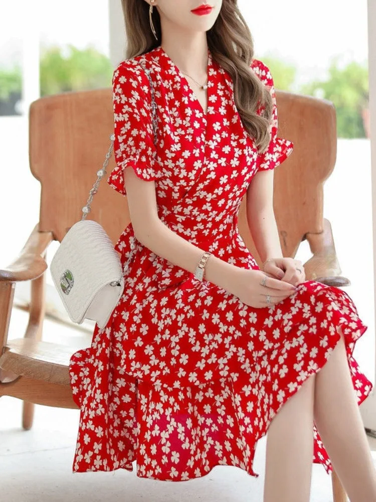赤い花柄プリントシフォンドレス-レディース-夏用-vネックデザイン-カジュアルスタイル-ポケットスクエア付き-おしゃれで上品