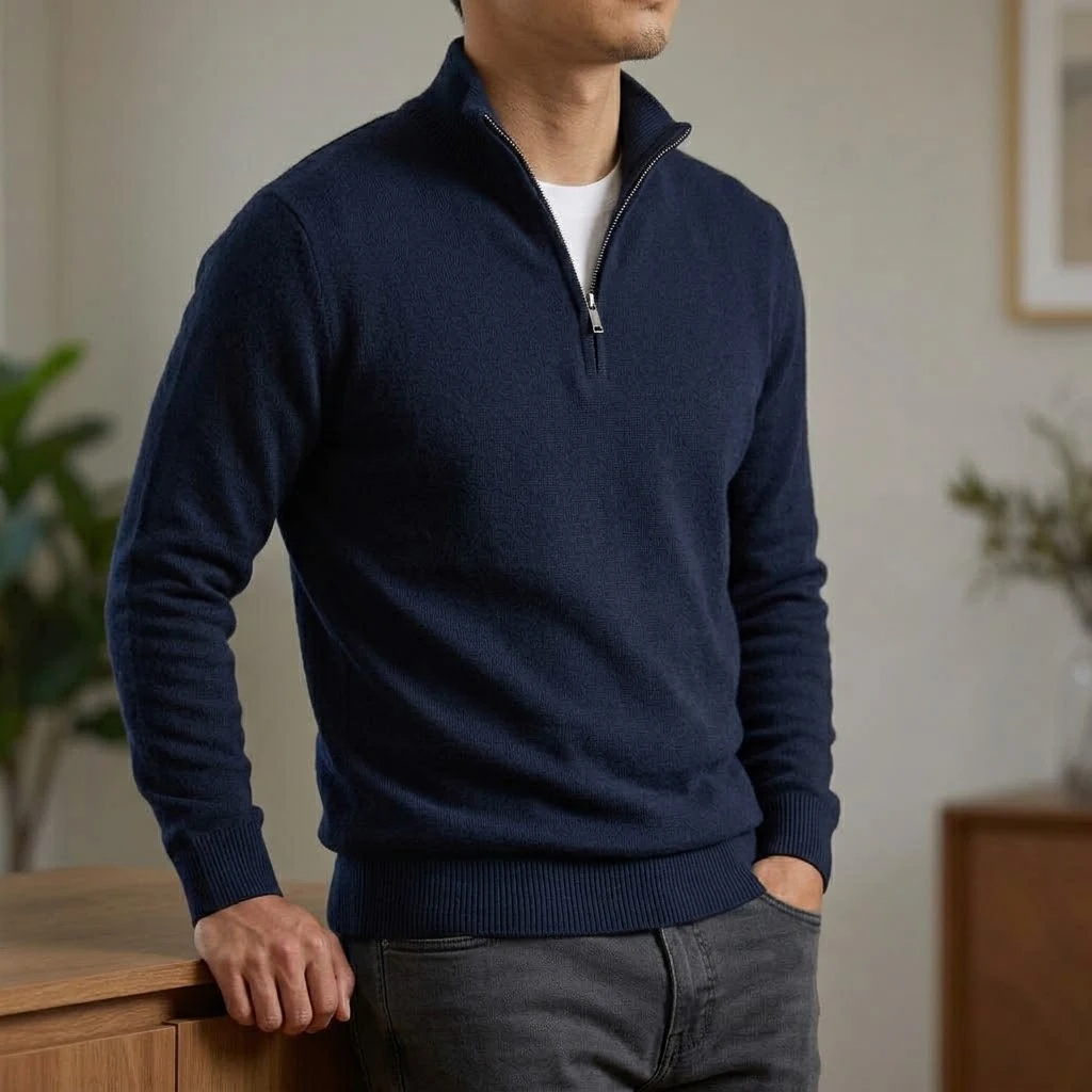 Neuer Herren-Strickpullover mit Reißverschluss, lässiger Stehkragen-Pullover, warmer Langarm-Pullover, einfarbiger Pullover, modischer Winterpullover für Herren – Detail 9