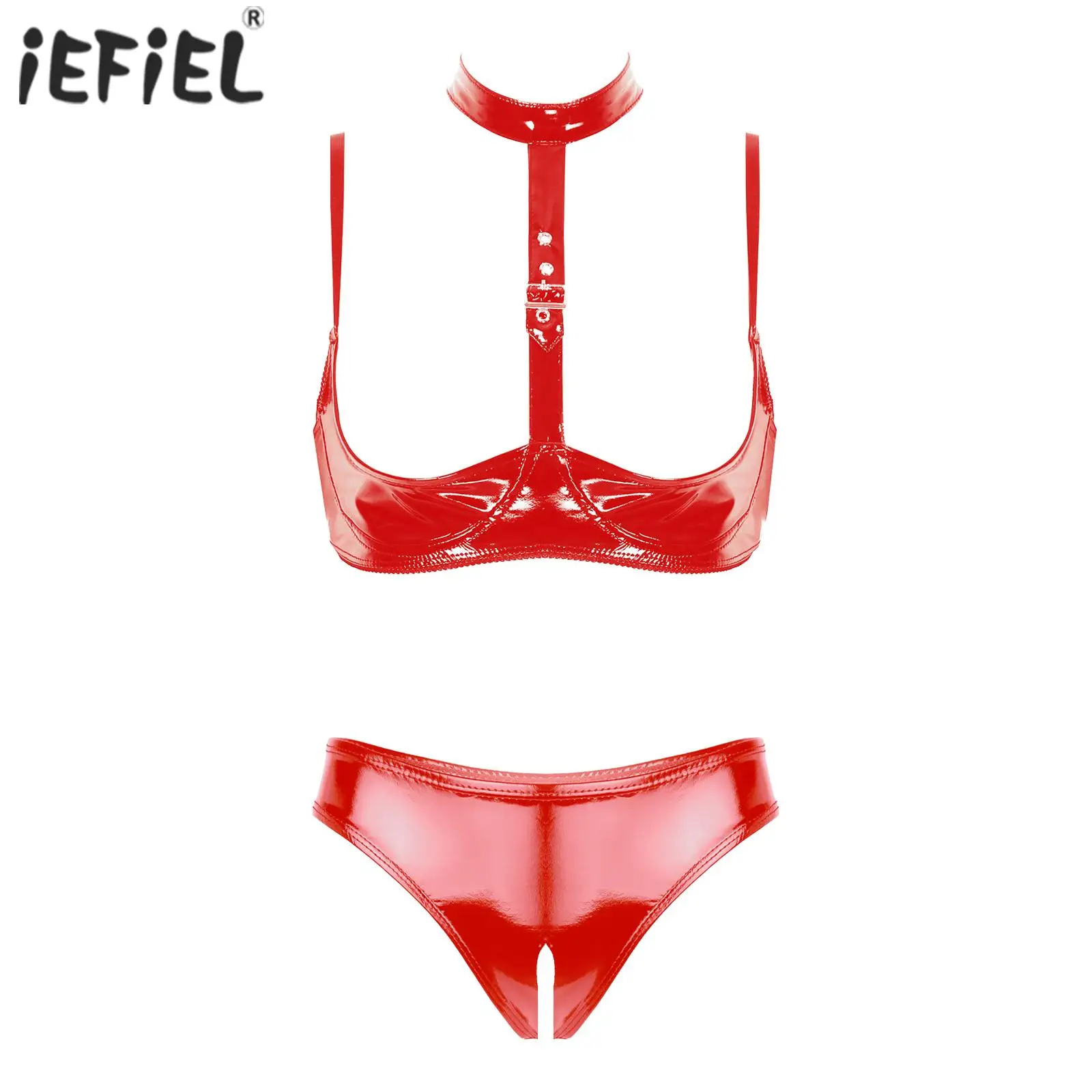 2Pcs Womens Wet Look Patent Leather Sexy Lingerie Set Open Cups Shelf Bra Top with Open Crotch High Cut Briefs Underwear Panties