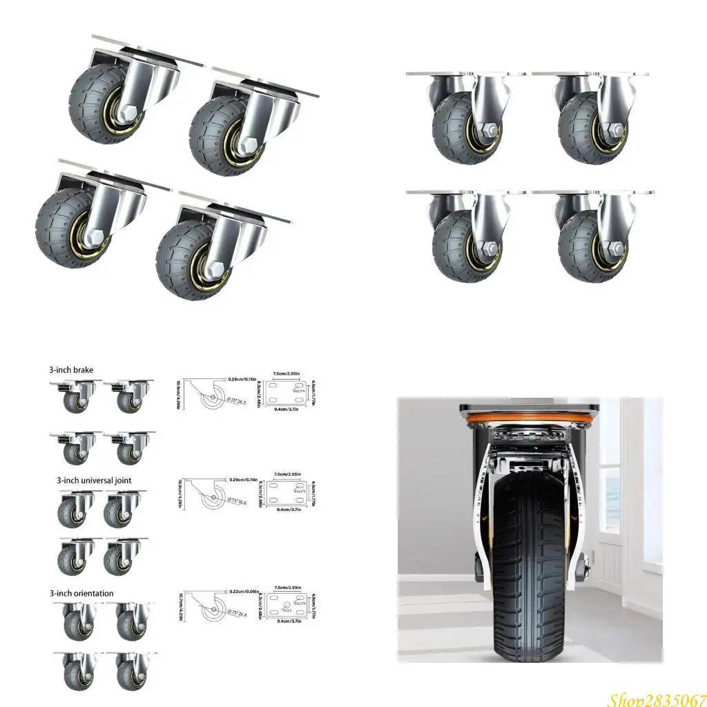

4Pcs Rubber Swivels Casters 3inch Quiet Trolley Wheel for Trolley Office Desk 831F