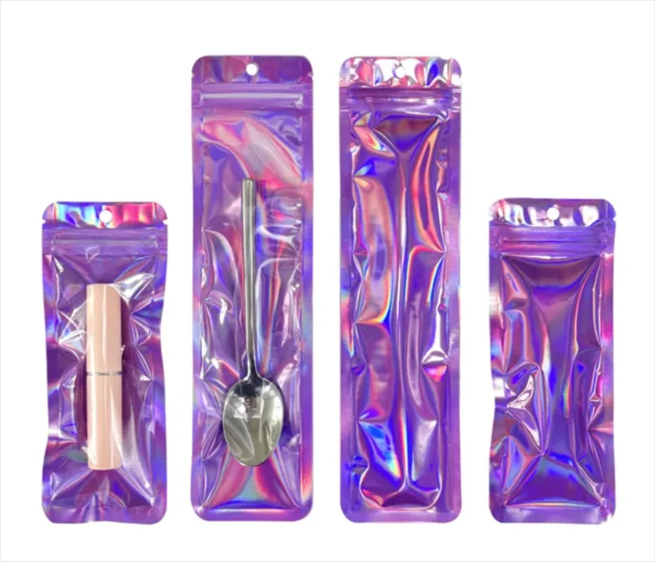 

100PCS Flat Resealable Hologram Iridescent Zip Lock Packaging Bag DIY Laser Makeup Watch Data Lines Snack Candy Spoon Pouches