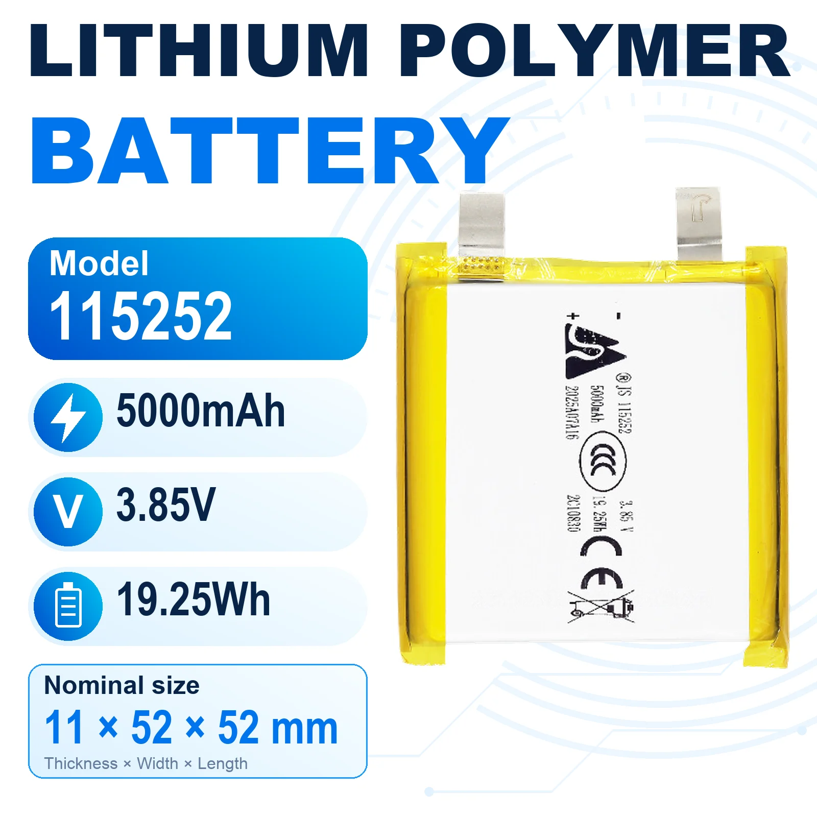 115252 3.85V 5000mAh Rechargeable LiPo Battery 11x52x52mm Lithium Polymer Pouch Cell with Flat Metal Tabs