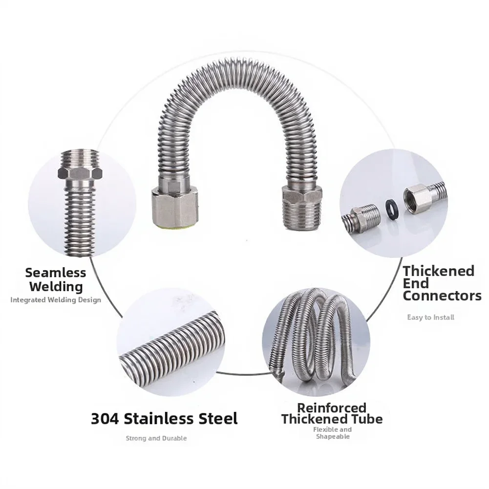 304 Stainless Steel Corrugated Pipe 40cm G1/2 DN15 for Plumbing Fixtures with Threaded Connection and Protective End Cap