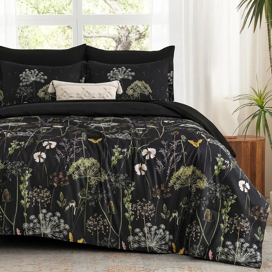 

Комплект постельного белья Queen Comforter Set, 7 предметов, черный цвет, с цветочным узором «Одуванчик», зимний комплект для кровати Queen, мягкая микрофибра, полный комплект B