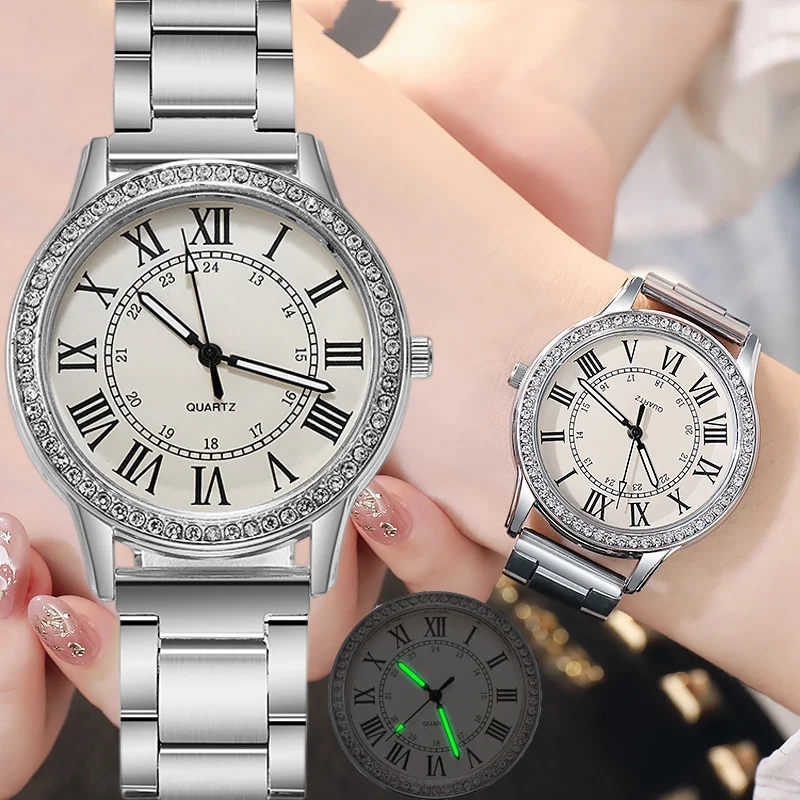 Reloj de cuarzo luminoso con diamantes de imitación romanos para mujer, correa de acero, Simple, Casual, Retro, relojes de pulsera de lujo para mujer, venta al por mayor