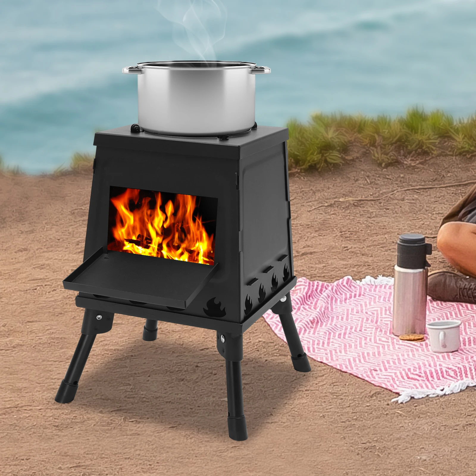 Bodenstehender Trapez-Mehrzweck-Holzofen aus Kohlenstoffstahl und Edelstahl, Zeltofen, 16 Belüftungsöffnungen für Camping, Rucksackreisen – Detail 3