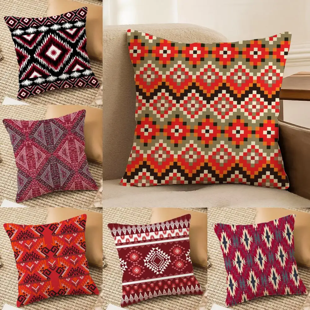 Roter Tribal Azteken Kilim-Muster Kissenbezug Weicher Plüsch Doppelseitiger Sofa-Kissenbezug |   Ganzjährig haltbares Deko-Geschenk