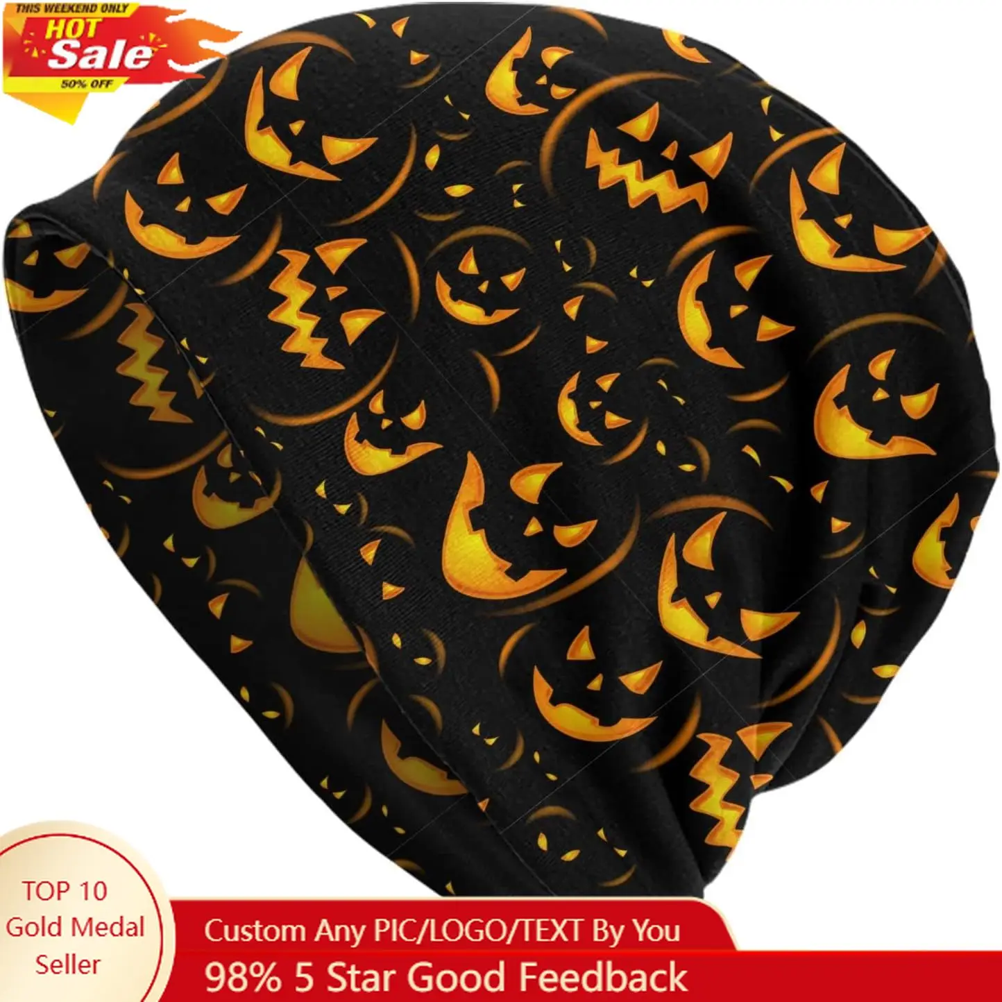 

Halloween Black Pumpkin Beanie Chemo Hat Cancer Headwear Knitted Hats Baggy Slouchy Scarf Cap for Adults Women Men