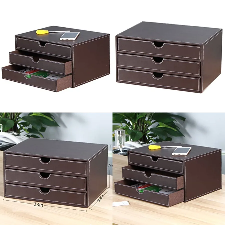 

Stackable 3-Drawer Desk Organizer, Executive Office Supplies Desktop Filing A4 File Cabinet/Holder, Leather Storage Box for Doc