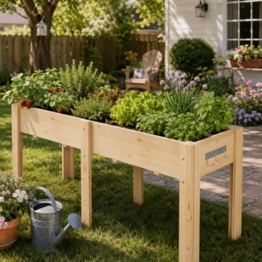 Elevated Wood Raised Garden Bed Planter Box for outdoor gardening, natural pine wood, unfinished light brown, rust-resistant st