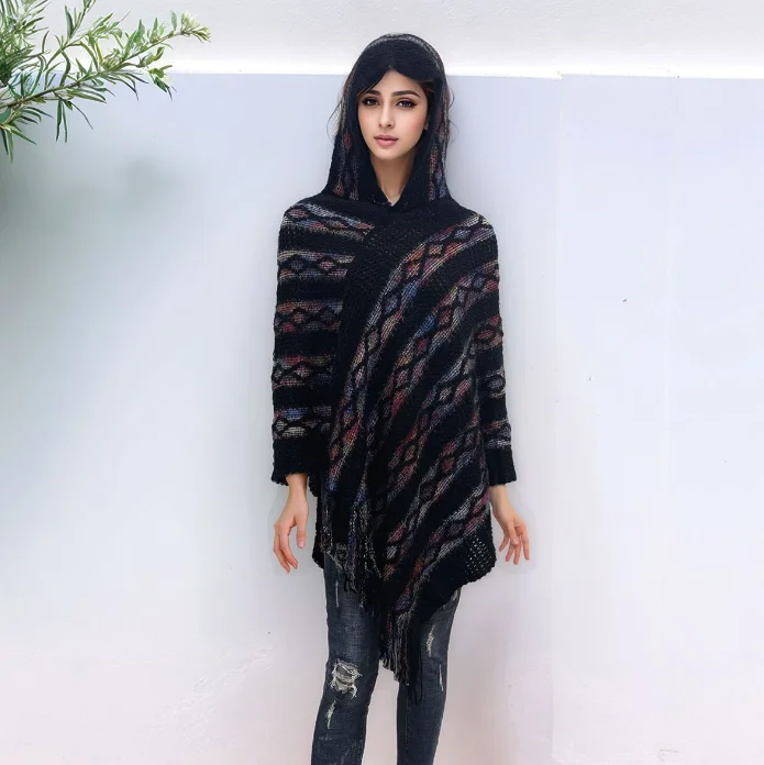 Poncho New Colorful Striped Loose Hooded Jacquard Tassel Capelet Women's Cloak Warm Outerwear Hooded sleeveless Cape