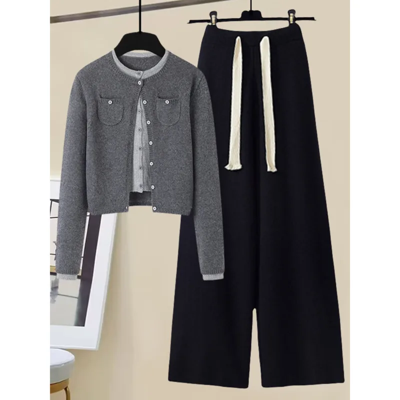 Autumn And Winter High Quality Pants Sets For Women Temperament Casual Korea Patchwork Sweater+high Waist Pants Set Clothing