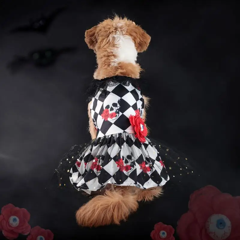 Halloween Pet Dress Skull Pattern Lace Skirt Tutu With Eye Flower Cosplay Costume For Small Medium Breeds Dress Up Accessories