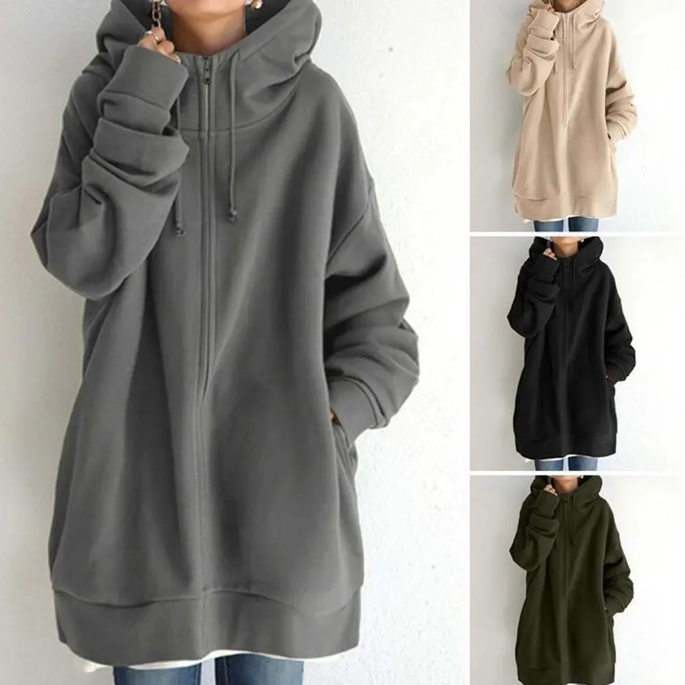 

Women Add Velvet Thick Sweatshirts Autumn Winter Hoody Tie Collar Long Sleeve Loose Long Hoodie Coats Outwear RFER-35680