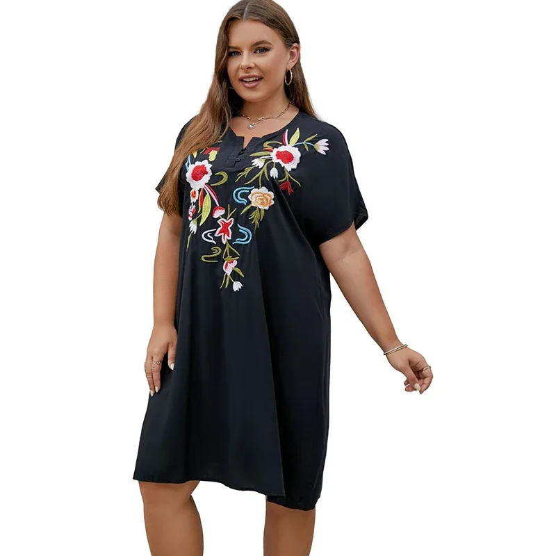 Eaeovni Boho Embroidered Dress for Women Tradition Mexican Peasant Dresses Bohemian Skirts Plus Size Hippie Casual Tunic