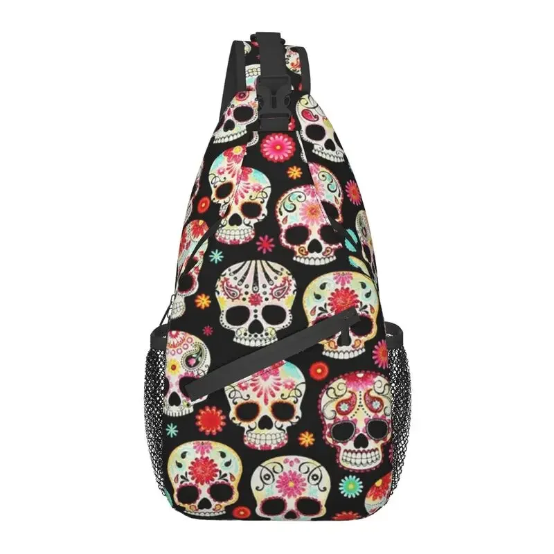

Sugar Skulls Calavera Sling Chest Bag Customized Day Of The Dead Shoulder Crossbody Backpack for Men Cycling Camping Daypack