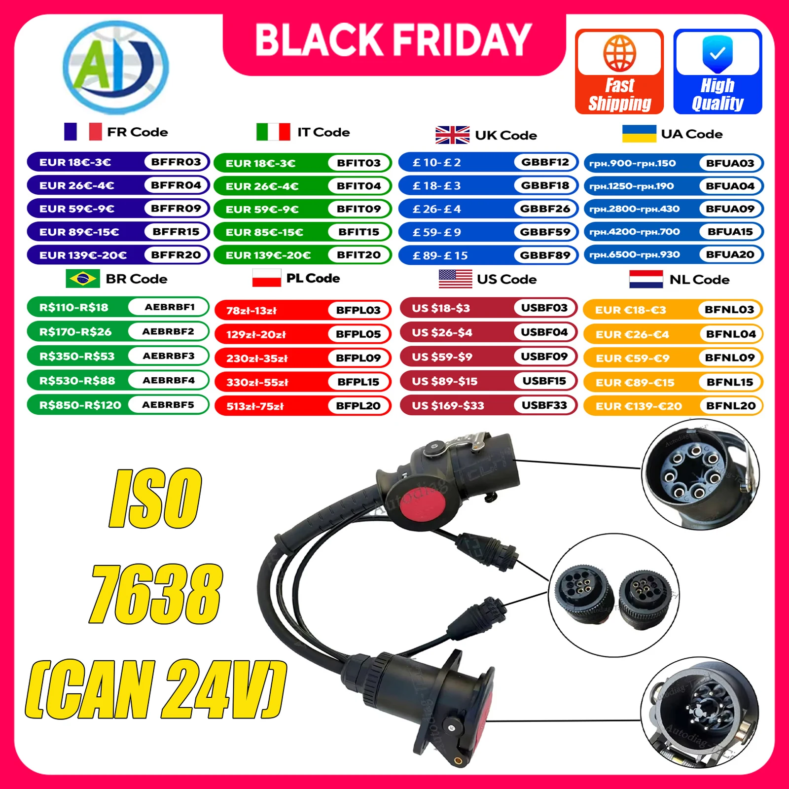 EBS/ABS Diagnostic Adapter For Trailer ISO 7638 Cable Heavy Duty Truck 7pin 9pin Diagnostic Connector For WABCO CAN 24V For WDI