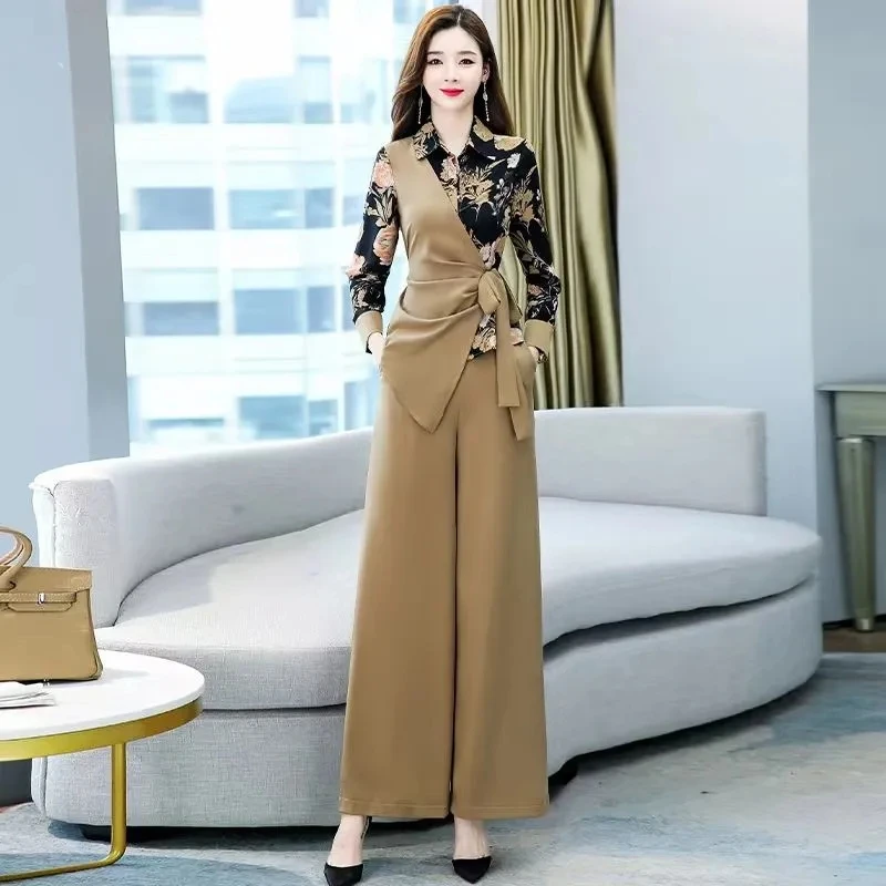 Belt Blazer Suit Female 2023 Spring Autumn Ladies Temperament Thin Wide-Leg Pants Two-Piece Suit Print Stitching Jacket Elegant