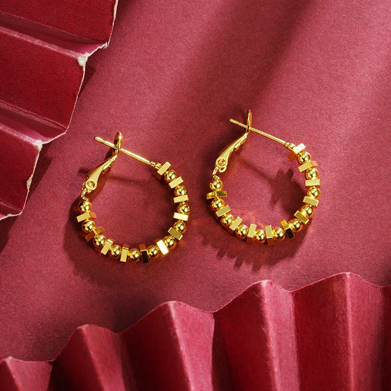 

Luxury 24K 9999 Pure Gold real gold Women's Simple Earrings Fashionable Square Bead Ear Ring