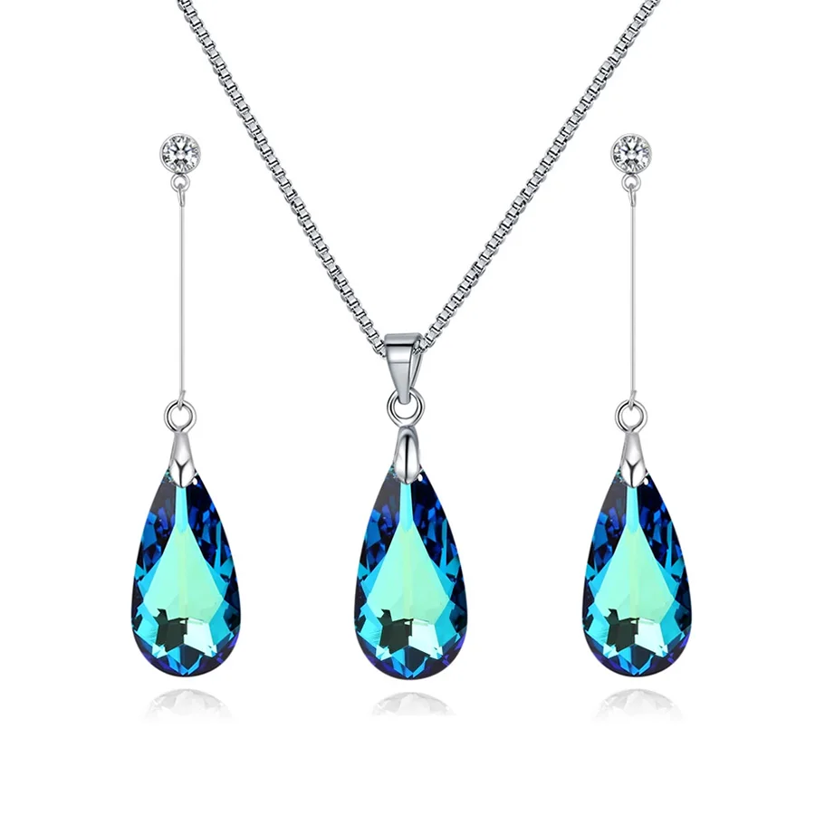 

Elegant Long Water Drop Jewelry Sets for Women Pendant Necklace Drop Earrings Crystal from Austria Silver Color Friends Birthday