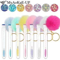 5pcs Tube Eyelash Brush With Gold Keychain & Fluffy Fur Pom Pom Ball Lash Extension Makeup Brush Eyebrow Comb Beauty Tools