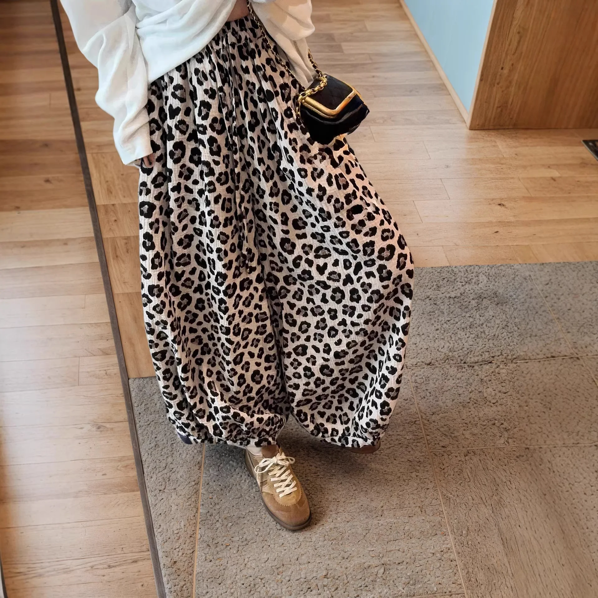 Women Summer Loose Casual Elastic Waist Pants Fashion Commute Leopard Print Wide-leg Pants Women's Lantern Pants Baggy Clothing