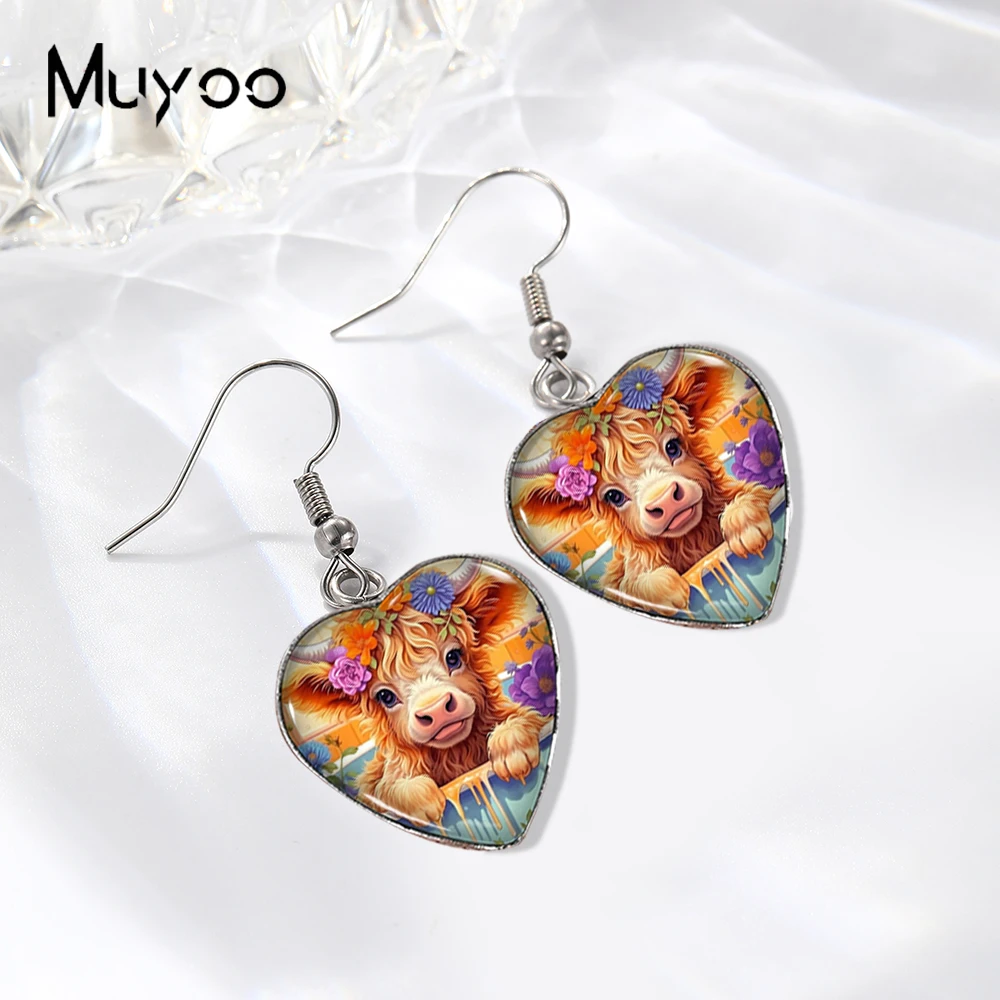 2025 New Arrival Highland Cow Sitting in the Bathtub Heart Fish Hook Earring Handmade Stainless Steel Dangle Earrings